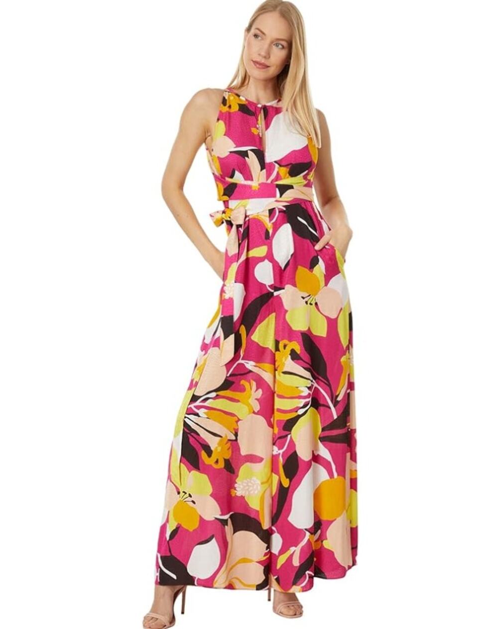 TED BAKER Molliah Halterneck Jumpsuit Size 5 US 12 Bright Pink Wrap Bodice NWT